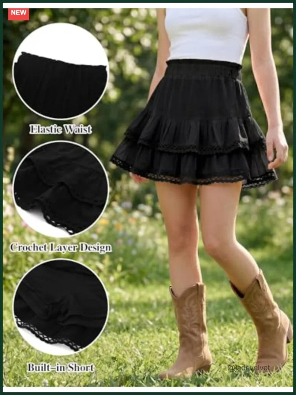 Flowy Ruffle Tiered Boho Skirt with Crochet and Built-in Shorts